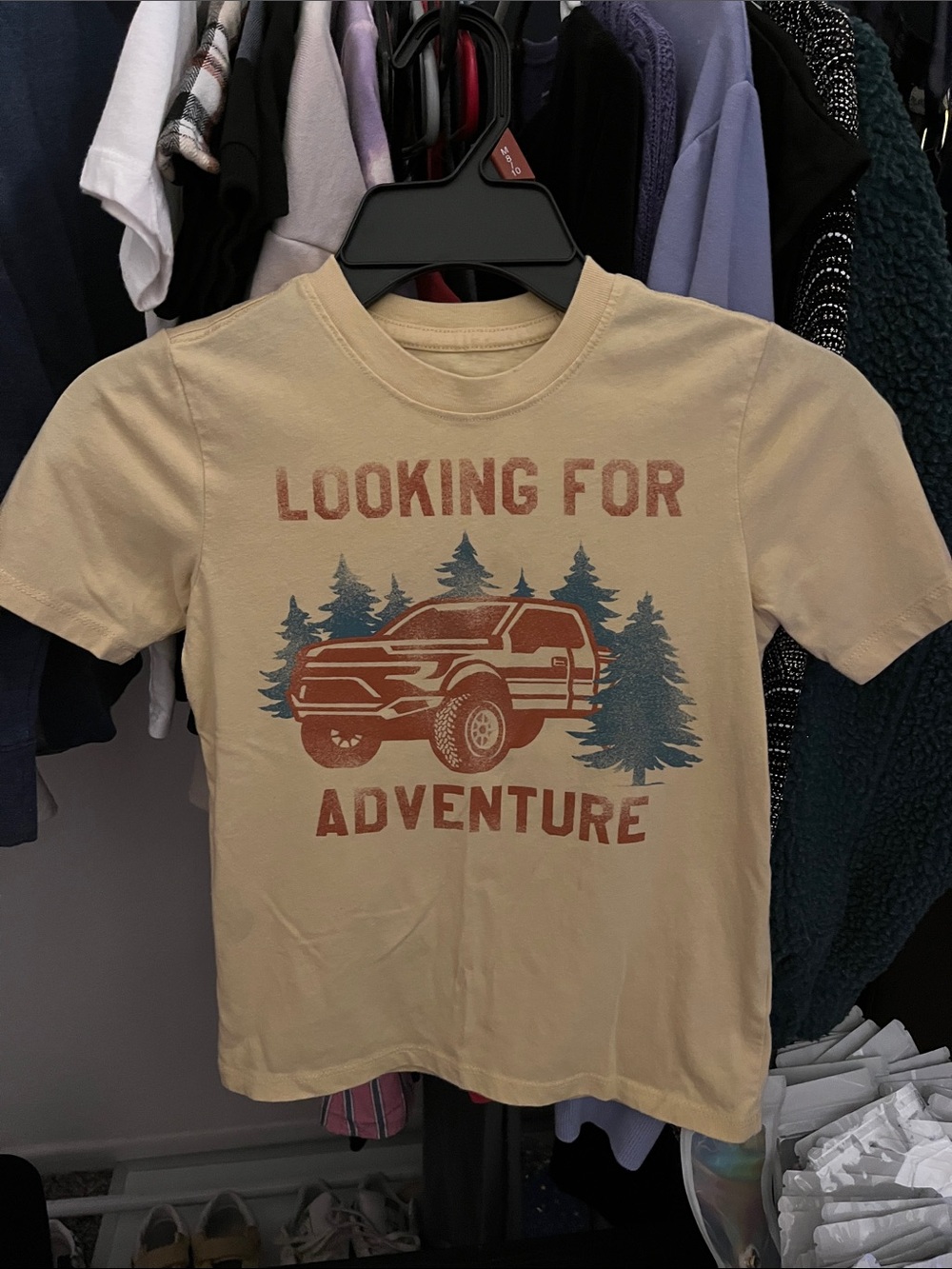 Looking For Adventure Graphic Tee - Beige with Rust & Blue Print